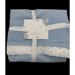 Shabby Chic Tablecloth 60 x 120 Oblong Blue White Crochet Lace Border Cotton New